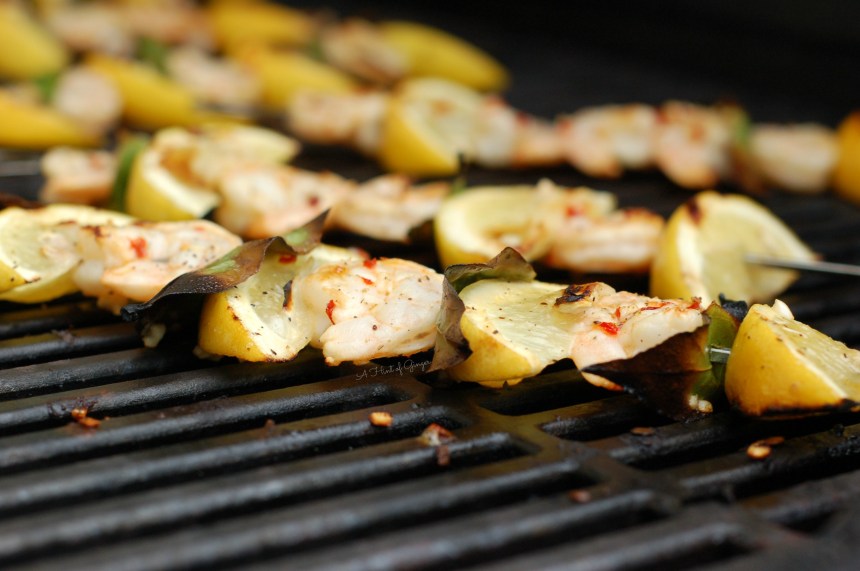 Lemon and Bay Leaf Shrimp Skewers on the grill